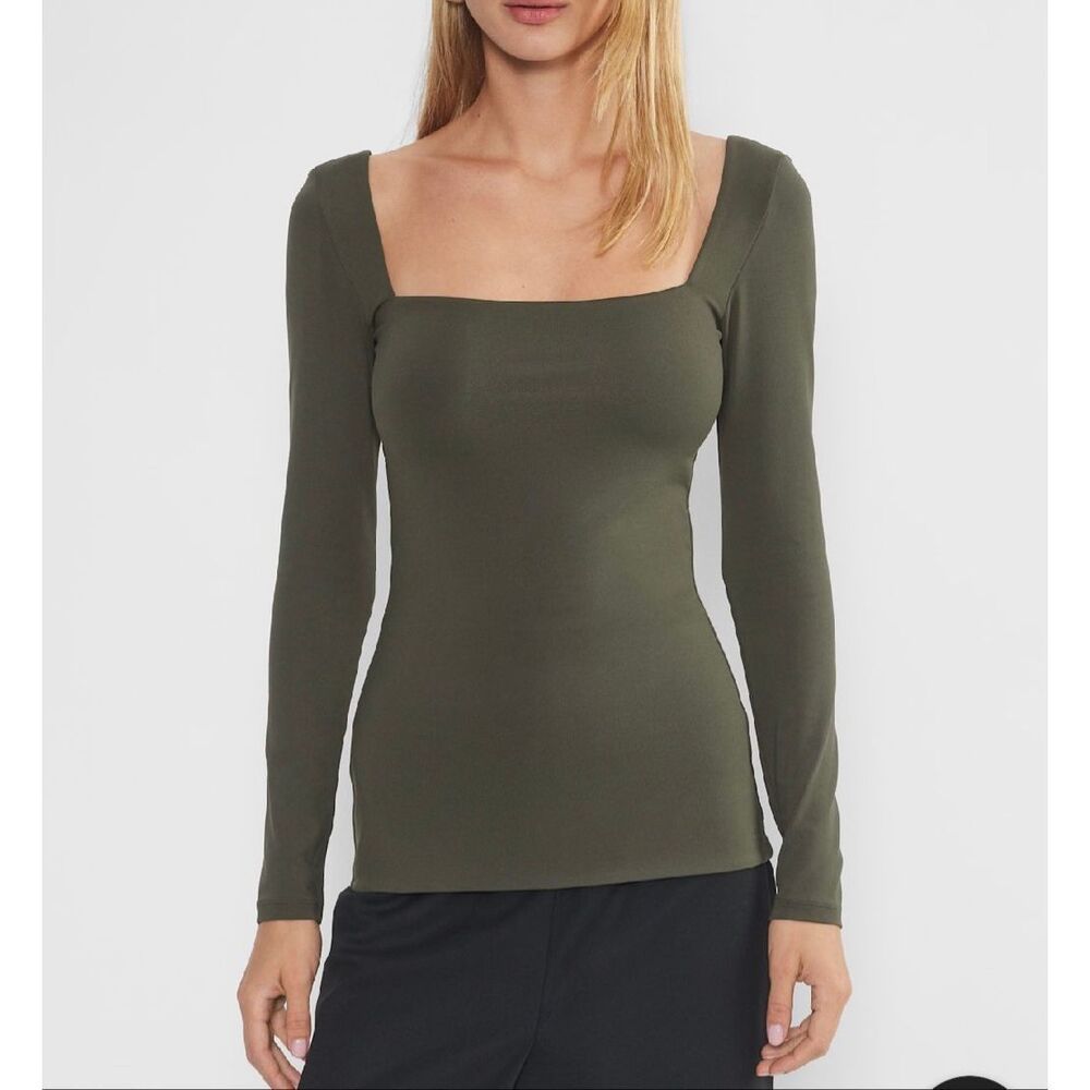 Aritzia Women's Square Neck Fitted Stretch Long Sleeve Top Olive Green S NEW
